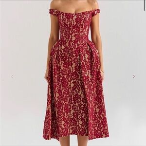 House of CB CHARMING Gold And Berry Lace Midi Off Shoulder Dress NWT